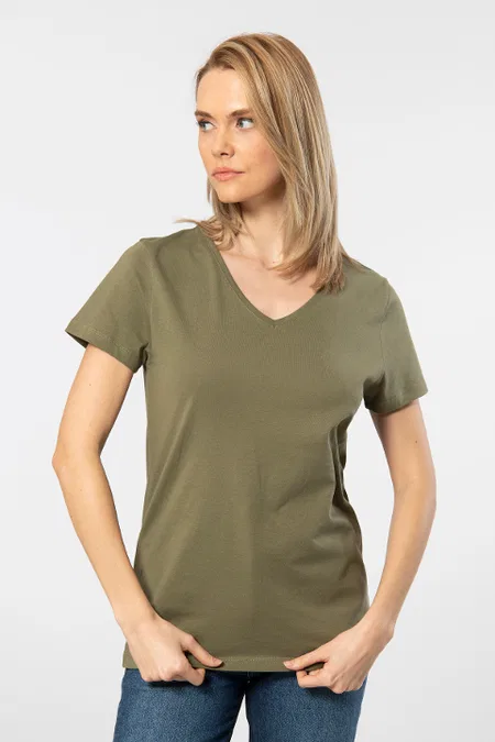 Pamuklu V Yaka Kısa Kollu Kadın Tişört Wtshirt 1234 - Haki