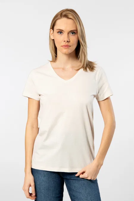 Pamuklu V Yaka Kısa Kollu Kadın Tişört Wtshirt 515 - Krem