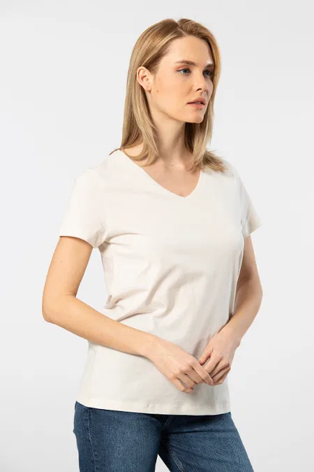 Pamuklu V Yaka Kısa Kollu Kadın Tişört Wtshirt 515 - Krem