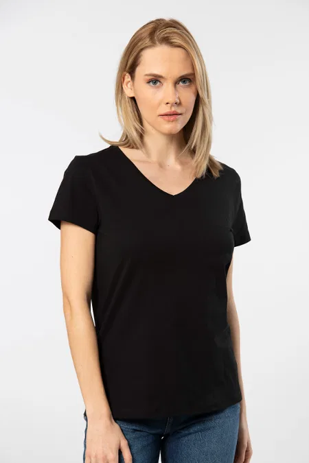 Pamuklu V Yaka Kısa Kollu Tişört Somon Wtshirt Venice - Siyah
