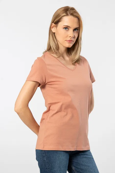 Pamuklu V Yaka Kısa Kollu Tişört Wtshirt 1234 - Somon