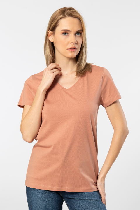 Pamuklu V Yaka Kısa Kollu Tişört Wtshirt 1234 - Somon