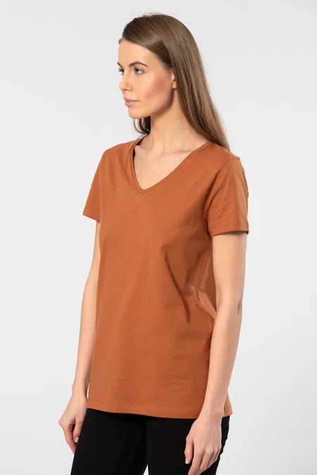 Pamuklu V Yaka Kısa Kol Tişört Wtshirt 7137 - Tarçın