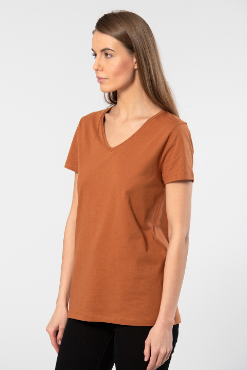 Pamuklu V Yaka Kısa Kol Tişört Wtshirt 7137 - Tarçın