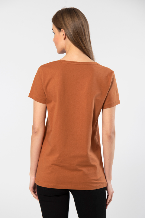 Pamuklu V Yaka Kısa Kol Tişört Wtshirt 7137 - Tarçın