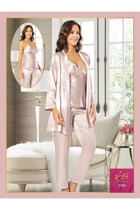 Çiçekli Saten Sabahlık Pijama Seti XSES 2103 - Pudra