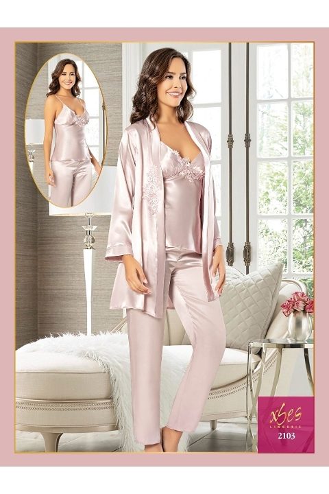 Çiçekli Saten Sabahlık Pijama Seti XSES 2103 - Pudra