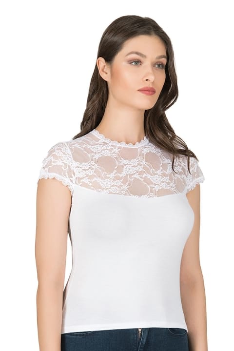 Dantel Detaylı Viskon Kısa Kollu Kadın Atlet Özkan 7371 - Beyaz