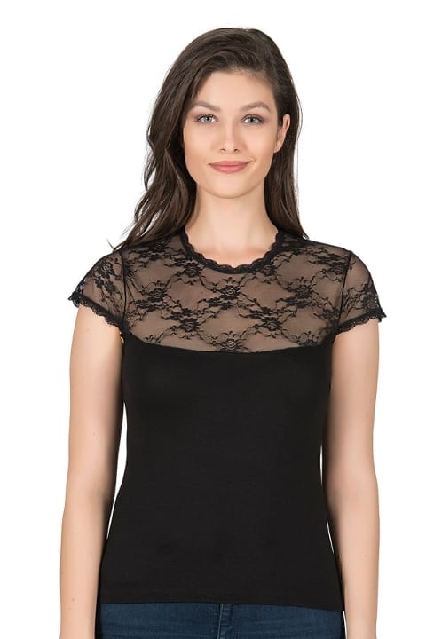 Dantel Detaylı Viskon Kısa Kollu Kadın Atlet Özkan 7371 - Siyah