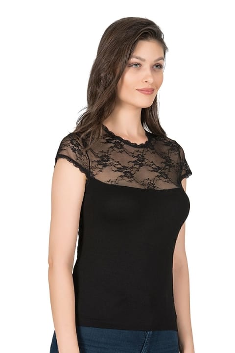 Dantel Detaylı Viskon Kısa Kollu Kadın Atlet Özkan 7371 - Siyah