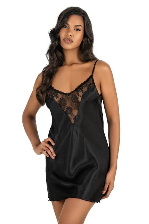 Tül Detaylı Siyah Kısa Saten Gecelik Ahu 8209