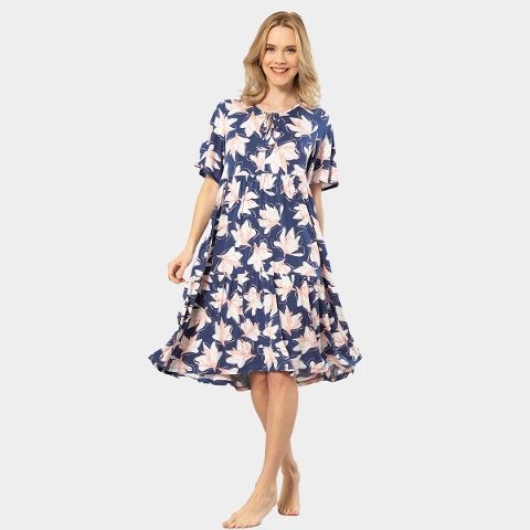 Yaprak Desenli Kısa Kollu Kadın Elbise Türen 3354