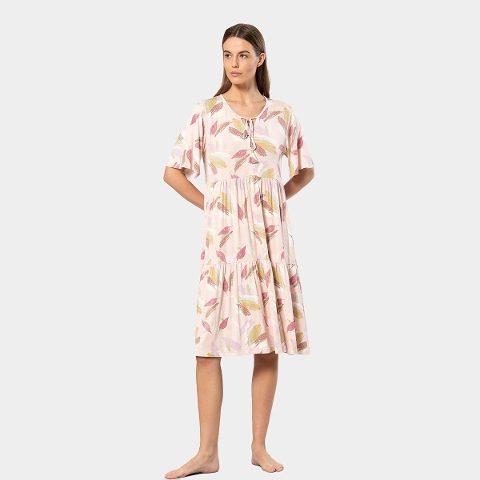 Viskon Elastan Yaprak Desenli Kısa Kollu Elbise Türen 3354