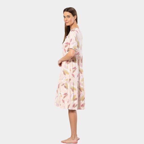 Viskon Elastan Yaprak Desenli Kısa Kollu Elbise Türen 3354 - 2