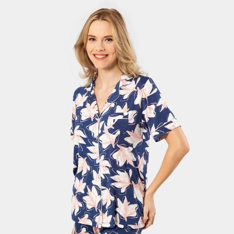 Lacivert Yaprak Desenli Kısa Kollu Kadın Pijama Takımı Türen 3355 - Lacivert