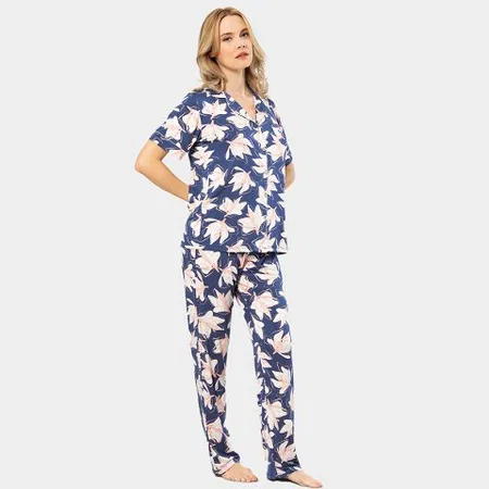 Lacivert Yaprak Desenli Kısa Kollu Kadın Pijama Takımı Türen 3355 - Lacivert