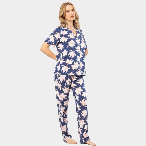 Lacivert Yaprak Desenli Kısa Kollu Kadın Pijama Takımı Türen 3355