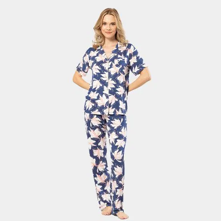 Lacivert Yaprak Desenli Kısa Kollu Kadın Pijama Takımı Türen 3355 - Lacivert