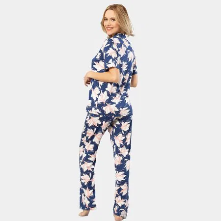 Lacivert Yaprak Desenli Kısa Kollu Kadın Pijama Takımı Türen 3355 - Lacivert
