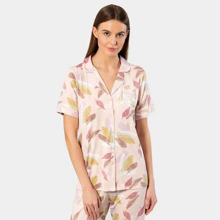 Yaprak Desenli Kadın Pijama Takımı Viskon Elastan Türen 3355 - Pudra
