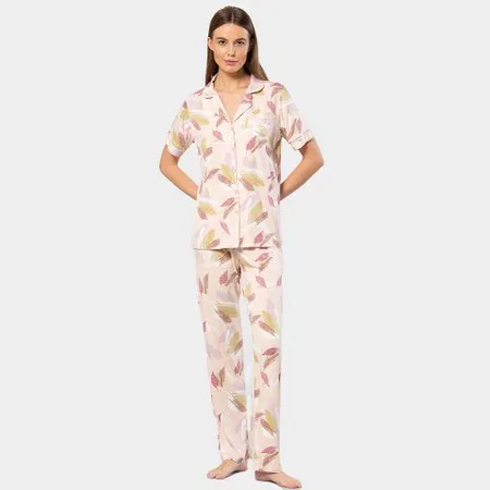 Yaprak Desenli Kadın Pijama Takımı Viskon Elastan Türen 3355 - Pudra