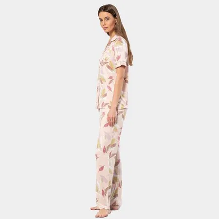 Yaprak Desenli Kadın Pijama Takımı Viskon Elastan Türen 3355 - Pudra