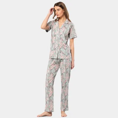 Yaprak Desenli Modal Pamuklu Kısa Kollu Pijama Takımı Türen 3395 - Gri
