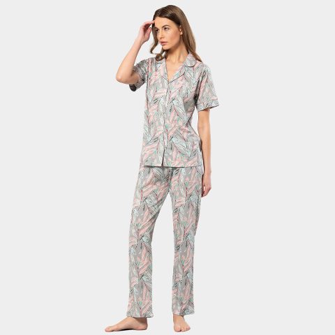 Yaprak Desenli Modal Pamuklu Kısa Kollu Pijama Takımı Türen 3395 - Gri