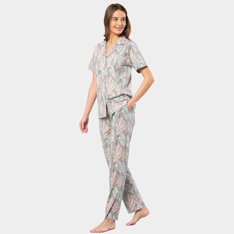 Yaprak Desenli Modal Pamuklu Kısa Kollu Pijama Takımı Türen 3395 - Gri