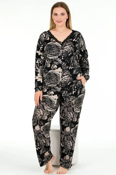 Yaprak Desenli Büyük Beden Pijama Takımı Lady 11376 - Siyah