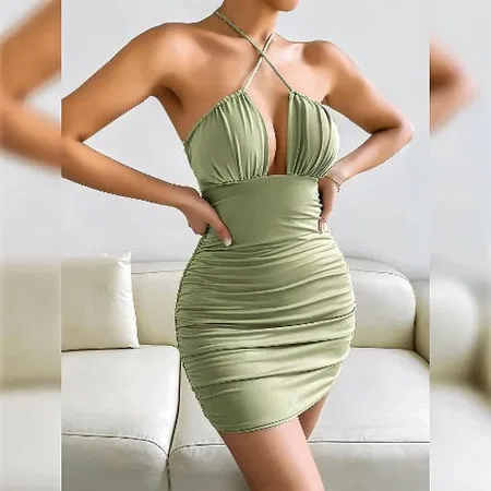 Yeşil Boyun Askılı Dar Mini Elbise Poliamid Elastan Pink Night 2230 - Yeşil