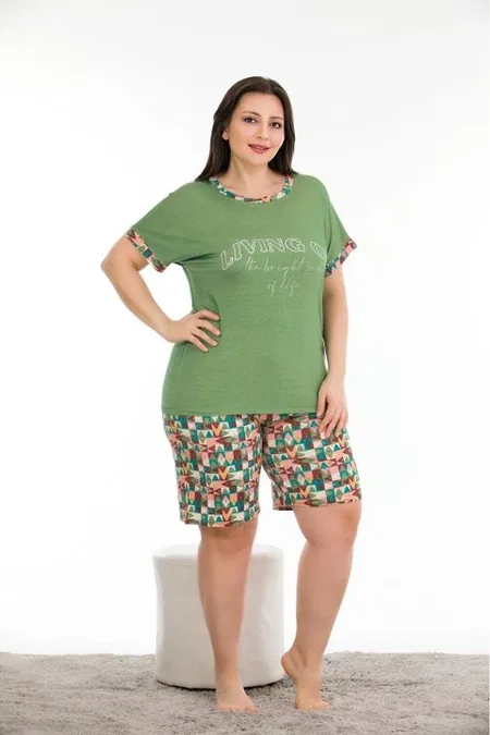 Desenli Yuvarlak Yaka Kısa Kol Şortlu Pijama Takımı Lady 10390 - Yeşil