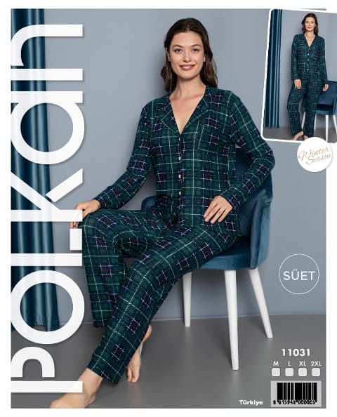 Yeşil Düz Çizgili Uzun Kollu Pijama Takımı Polkan 11031