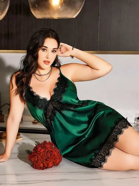 Dantel Detaylı Tek Parça Büyük Beden Body Pink Night 6686 - Yeşil