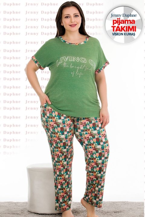Yeşil Desenli Yazlık Büyük Beden Pijama Takımı Lady 10935