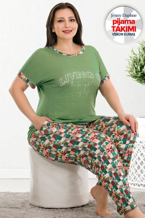 Yeşil Desenli Yazlık Büyük Beden Pijama Takımı Lady 10935 - 2