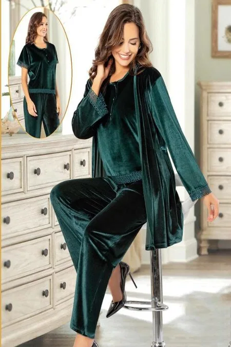Yeşil Kadife Sabahlıklı Hamile Pijama Takımı XSES 5200 - Yeşil