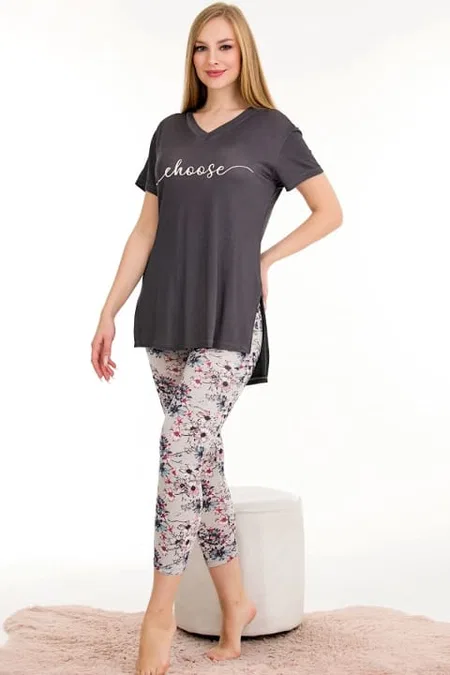 Desenli Viskon Kısa Kollu Kapri Pijama Takımı Lady 12062 - Yeşil