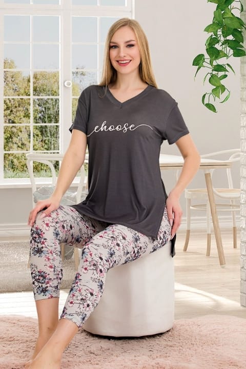 Desenli Viskon Kısa Kollu Kapri Pijama Takımı Lady 12062 - Yeşil