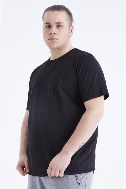 Pamuk Büyük Beden Erkek Siyah Bisiklet Yaka Tişört Arma Yıldız 9143