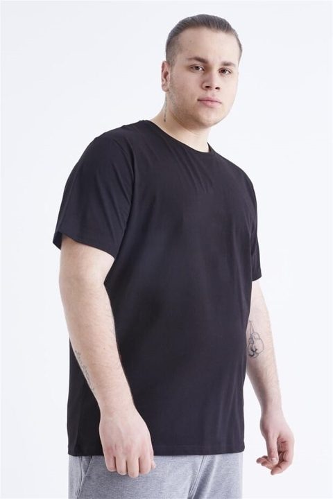 Pamuk Büyük Beden Erkek Siyah Bisiklet Yaka Tişört Arma Yıldız 9143 - Siyah