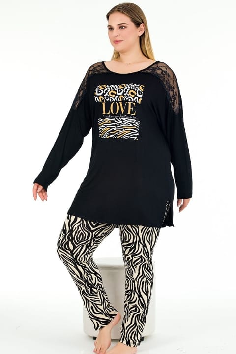 Zebra Desenli Büyük Beden Uzun Kollu Pijama Takımı Lady 11392 - 2