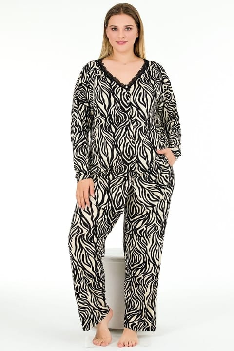 Zebra Desenli Uzun Kollu Düğmeli Pijama Takımı Lady 11377 - Siyah