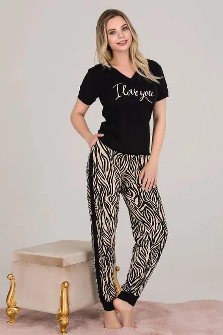 Uzun Kollu Zebra Desenli Pijama Takımı Lady 11660 - Siyah