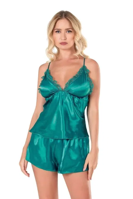 Fırfırlı Saten Babydoll Şort Takımı Lila Ahu 9131 - Yeşil