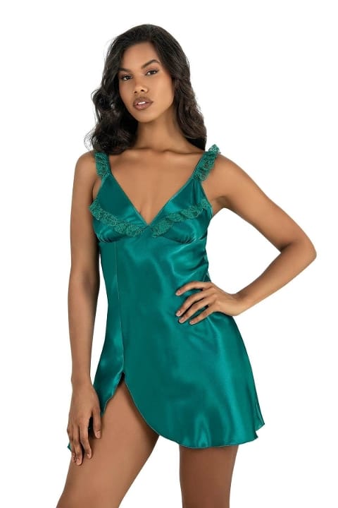 Saten Dökümlü Zümrüt Kısa Gecelik Ahu 8237 - Yeşil
