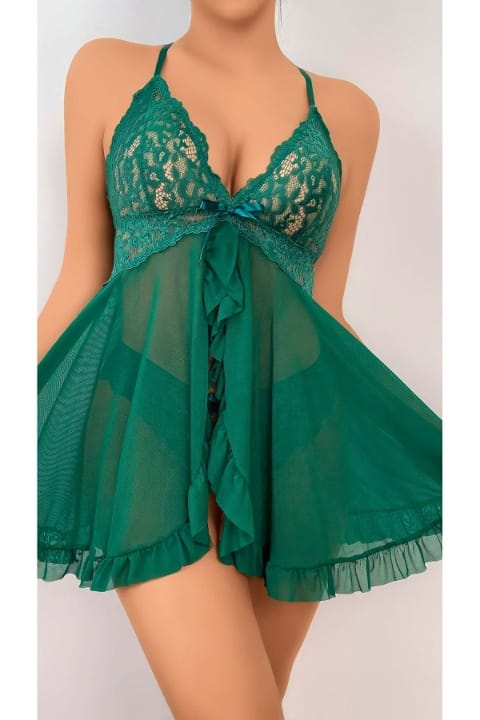 Zümrüt Yeşili Dantel İşlemeli Kısa Fantezi Body Ruselin 2114