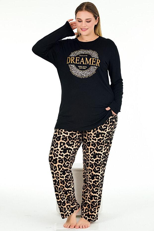 Leopar Desenli Uzun Kollu Büyük Beden Kadın Pijama Takımı Lady 11379 - Siyah
