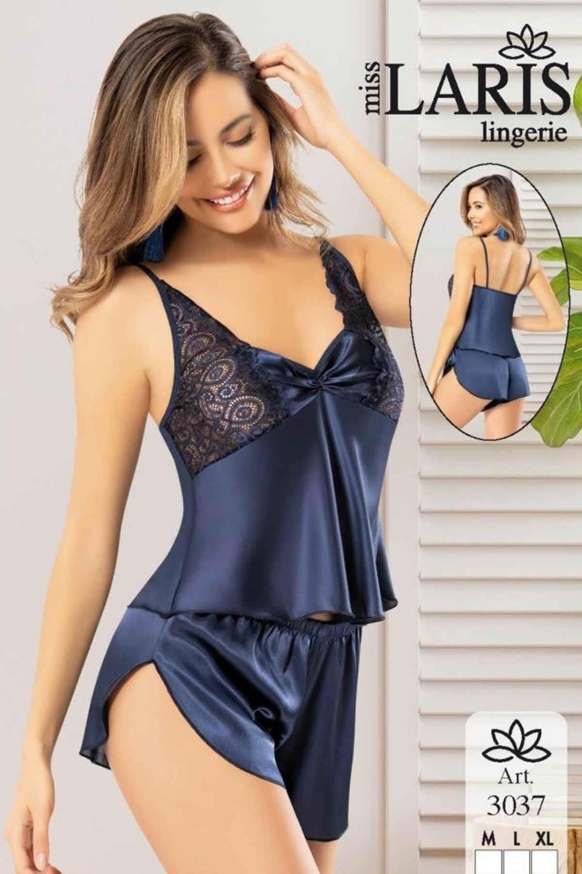 Saten Dantelli Ekru Şort Pijama Takımı Miss Laris 3037 - Lacivert
