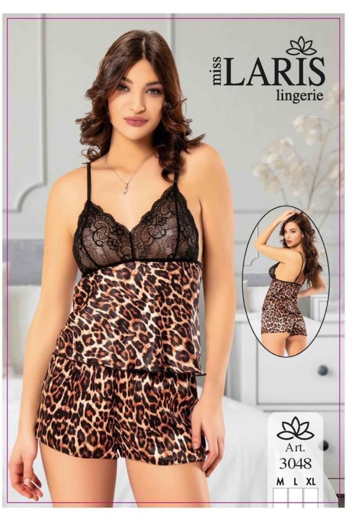 Leopar Desen Dantelli Kadın Şort Pijama Takımı Miss Laris 3048 - Kahverengi